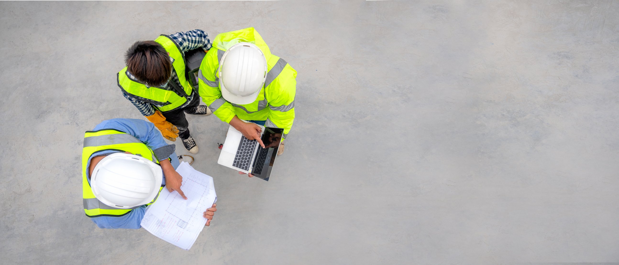 Banner : Civil engineer inspect structure at construction site against blueprint, Building inspector join inspect building structure with civil engineer. Civil engineer hold blueprint inspect building